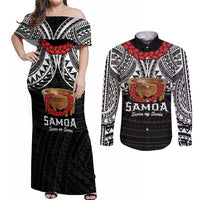 Samoan Tanoa Kava Bowl Ula Fala Couples Matching Off Shoulder Maxi Dress and Long Sleeve Button Shirt Polynesian Tribal Vibe