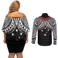 Samoan Tanoa Kava Bowl Ula Fala Couples Matching Off Shoulder Short Dress and Long Sleeve Button Shirt Polynesian Tribal Vibe