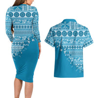 Fiji Marau na Kerisimasi Couples Matching Long Sleeve Bodycon Dress and Hawaiian Shirt Aqua Tagimoucia Tapa Masi Tribal - Polynesian Pride