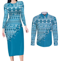 Fiji Marau na Kerisimasi Couples Matching Long Sleeve Bodycon Dress and Long Sleeve Button Shirt Aqua Tagimoucia Tapa Masi Tribal - Polynesian Pride