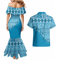 Fiji Marau na Kerisimasi Couples Matching Mermaid Dress and Hawaiian Shirt Aqua Tagimoucia Tapa Masi Tribal - Polynesian Pride