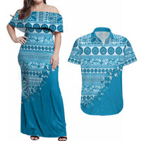 Fiji Marau na Kerisimasi Couples Matching Off Shoulder Maxi Dress and Hawaiian Shirt Aqua Tagimoucia Tapa Masi Tribal - Polynesian Pride