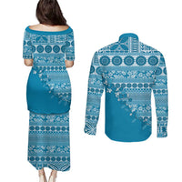 Fiji Marau na Kerisimasi Couples Matching Puletasi and Long Sleeve Button Shirt Aqua Tagimoucia Tapa Masi Tribal - Polynesian Pride