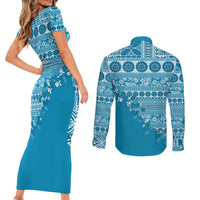 Fiji Marau na Kerisimasi Couples Matching Short Sleeve Bodycon Dress and Long Sleeve Button Shirt Aqua Tagimoucia Tapa Masi Tribal - Polynesian Pride