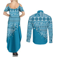 Fiji Marau na Kerisimasi Couples Matching Summer Maxi Dress and Long Sleeve Button Shirt Aqua Tagimoucia Tapa Masi Tribal - Polynesian Pride
