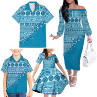 Fiji Marau na Kerisimasi Family Matching Off The Shoulder Long Sleeve Dress and Hawaiian Shirt Aqua Tagimoucia Tapa Masi Tribal - Polynesian Pride