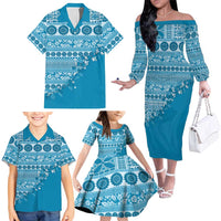 Fiji Marau na Kerisimasi Family Matching Off The Shoulder Long Sleeve Dress and Hawaiian Shirt Aqua Tagimoucia Tapa Masi Tribal - Polynesian Pride