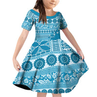 Fiji Marau na Kerisimasi Family Matching Off Shoulder Short Dress and Hawaiian Shirt Aqua Tagimoucia Tapa Masi Tribal - Polynesian Pride