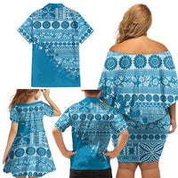 Fiji Marau na Kerisimasi Family Matching Off Shoulder Short Dress and Hawaiian Shirt Aqua Tagimoucia Tapa Masi Tribal - Polynesian Pride