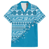 Fiji Marau na Kerisimasi Family Matching Off Shoulder Short Dress and Hawaiian Shirt Aqua Tagimoucia Tapa Masi Tribal - Polynesian Pride