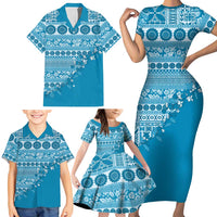Fiji Marau na Kerisimasi Family Matching Short Sleeve Bodycon Dress and Hawaiian Shirt Aqua Tagimoucia Tapa Masi Tribal - Polynesian Pride