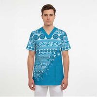 Fiji Marau na Kerisimasi Scrub Top Aqua Tagimoucia Tapa Masi Tribal LT9 - Polynesian Pride