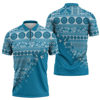 Fiji Marau na Kerisimasi Zipper Polo Shirt Aqua Tagimoucia Tapa Masi Tribal - Polynesian Pride