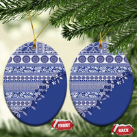 Fiji Marau na Kerisimasi Ceramic Ornament Blue Tagimoucia Tapa Masi Tribal LT9 Oval Blue - Polynesian Pride