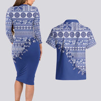 Fiji Marau na Kerisimasi Couples Matching Long Sleeve Bodycon Dress and Hawaiian Shirt Blue Tagimoucia Tapa Masi Tribal - Polynesian Pride
