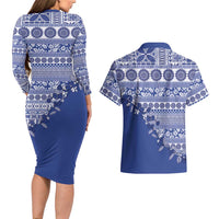 Fiji Marau na Kerisimasi Couples Matching Long Sleeve Bodycon Dress and Hawaiian Shirt Blue Tagimoucia Tapa Masi Tribal - Polynesian Pride