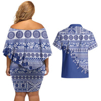 Fiji Marau na Kerisimasi Couples Matching Off Shoulder Short Dress and Hawaiian Shirt Blue Tagimoucia Tapa Masi Tribal - Polynesian Pride