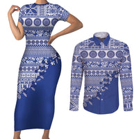 Fiji Marau na Kerisimasi Couples Matching Short Sleeve Bodycon Dress and Long Sleeve Button Shirt Blue Tagimoucia Tapa Masi Tribal - Polynesian Pride