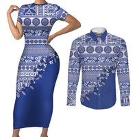 Fiji Marau na Kerisimasi Couples Matching Short Sleeve Bodycon Dress and Long Sleeve Button Shirt Blue Tagimoucia Tapa Masi Tribal - Polynesian Pride
