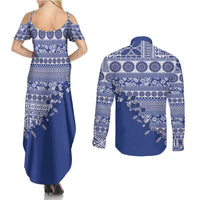 Fiji Marau na Kerisimasi Couples Matching Summer Maxi Dress and Long Sleeve Button Shirt Blue Tagimoucia Tapa Masi Tribal - Polynesian Pride