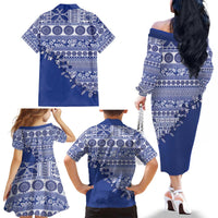 Fiji Marau na Kerisimasi Family Matching Off The Shoulder Long Sleeve Dress and Hawaiian Shirt Blue Tagimoucia Tapa Masi Tribal - Polynesian Pride