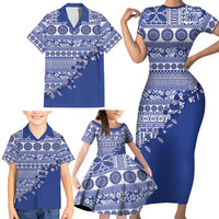 Fiji Marau na Kerisimasi Family Matching Short Sleeve Bodycon Dress and Hawaiian Shirt Blue Tagimoucia Tapa Masi Tribal - Polynesian Pride