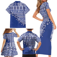Fiji Marau na Kerisimasi Family Matching Short Sleeve Bodycon Dress and Hawaiian Shirt Blue Tagimoucia Tapa Masi Tribal - Polynesian Pride