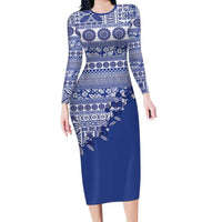 Fiji Marau na Kerisimasi Long Sleeve Bodycon Dress Blue Tagimoucia Tapa Masi Tribal - Polynesian Pride