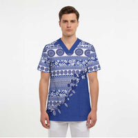 Fiji Marau na Kerisimasi Scrub Top Blue Tagimoucia Tapa Masi Tribal LT9 - Polynesian Pride