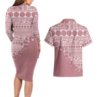 Fiji Marau na Kerisimasi Couples Matching Long Sleeve Bodycon Dress and Hawaiian Shirt Dusty Rose Tagimoucia Tapa Masi Tribal - Polynesian Pride