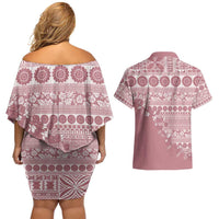 Fiji Marau na Kerisimasi Couples Matching Off Shoulder Short Dress and Hawaiian Shirt Dusty Rose Tagimoucia Tapa Masi Tribal - Polynesian Pride