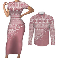 Fiji Marau na Kerisimasi Couples Matching Short Sleeve Bodycon Dress and Long Sleeve Button Shirt Dusty Rose Tagimoucia Tapa Masi Tribal - Polynesian Pride