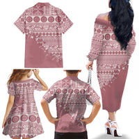 Fiji Marau na Kerisimasi Family Matching Off The Shoulder Long Sleeve Dress and Hawaiian Shirt Dusty Rose Tagimoucia Tapa Masi Tribal - Polynesian Pride