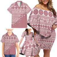 Fiji Marau na Kerisimasi Family Matching Off Shoulder Short Dress and Hawaiian Shirt Dusty Rose Tagimoucia Tapa Masi Tribal - Polynesian Pride