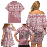Fiji Marau na Kerisimasi Family Matching Off Shoulder Short Dress and Hawaiian Shirt Dusty Rose Tagimoucia Tapa Masi Tribal - Polynesian Pride