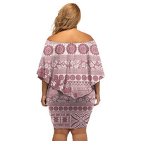 Fiji Marau na Kerisimasi Family Matching Off Shoulder Short Dress and Hawaiian Shirt Dusty Rose Tagimoucia Tapa Masi Tribal - Polynesian Pride
