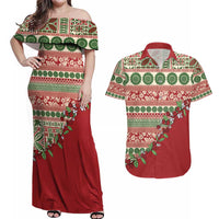 Fiji Marau na Kerisimasi Couples Matching Off Shoulder Maxi Dress and Hawaiian Shirt Red Tagimoucia Tapa Masi Tribal - Polynesian Pride