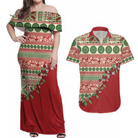 Fiji Marau na Kerisimasi Couples Matching Off Shoulder Maxi Dress and Hawaiian Shirt Red Tagimoucia Tapa Masi Tribal - Polynesian Pride