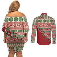 Fiji Marau na Kerisimasi Couples Matching Off Shoulder Short Dress and Long Sleeve Button Shirt Red Tagimoucia Tapa Masi Tribal - Polynesian Pride