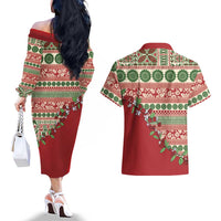 Fiji Marau na Kerisimasi Couples Matching Off The Shoulder Long Sleeve Dress and Hawaiian Shirt Red Tagimoucia Tapa Masi Tribal - Polynesian Pride