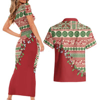 Fiji Marau na Kerisimasi Couples Matching Short Sleeve Bodycon Dress and Hawaiian Shirt Red Tagimoucia Tapa Masi Tribal - Polynesian Pride