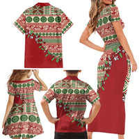 Fiji Marau na Kerisimasi Family Matching Short Sleeve Bodycon Dress and Hawaiian Shirt Red Tagimoucia Tapa Masi Tribal - Polynesian Pride