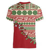 Fiji Marau na Kerisimasi Women V-Neck T-Shirt Red Tagimoucia Tapa Masi Tribal - Polynesian Pride