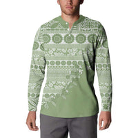 Fiji Marau na Kerisimasi Button Sweatshirt Sage Green Tagimoucia Tapa Masi Tribal LT9 - Polynesian Pride
