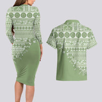 Fiji Marau na Kerisimasi Couples Matching Long Sleeve Bodycon Dress and Hawaiian Shirt Sage Green Tagimoucia Tapa Masi Tribal - Polynesian Pride