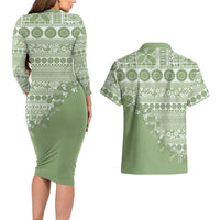 Fiji Marau na Kerisimasi Couples Matching Long Sleeve Bodycon Dress and Hawaiian Shirt Sage Green Tagimoucia Tapa Masi Tribal - Polynesian Pride