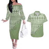 Fiji Marau na Kerisimasi Couples Matching Off The Shoulder Long Sleeve Dress and Hawaiian Shirt Sage Green Tagimoucia Tapa Masi Tribal - Polynesian Pride