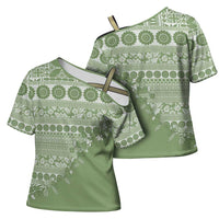 Fiji Marau na Kerisimasi Cross Shoulder Shirt Sage Green Tagimoucia Tapa Masi Tribal - Polynesian Pride