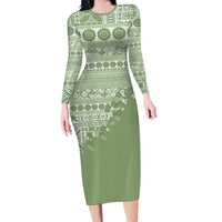 Fiji Marau na Kerisimasi Family Matching Long Sleeve Bodycon Dress and Hawaiian Shirt Sage Green Tagimoucia Tapa Masi Tribal - Polynesian Pride