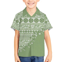 Fiji Marau na Kerisimasi Family Matching Long Sleeve Bodycon Dress and Hawaiian Shirt Sage Green Tagimoucia Tapa Masi Tribal - Polynesian Pride